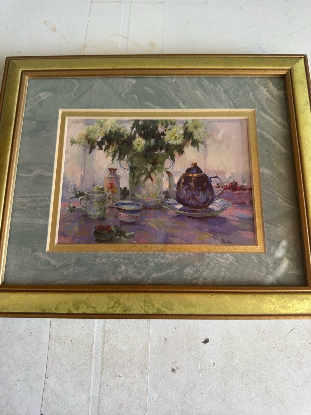 Framed Floral Still Life Wall Art - Gold Frame, Green Mat